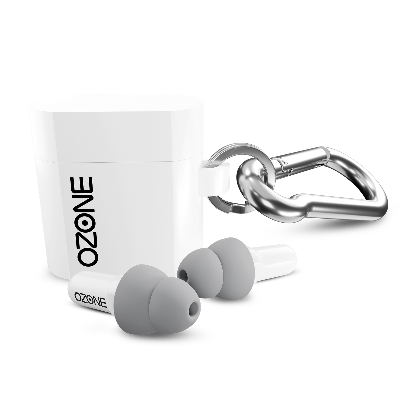 Ozone Audio gray earplugs with white carrying case and carabiner